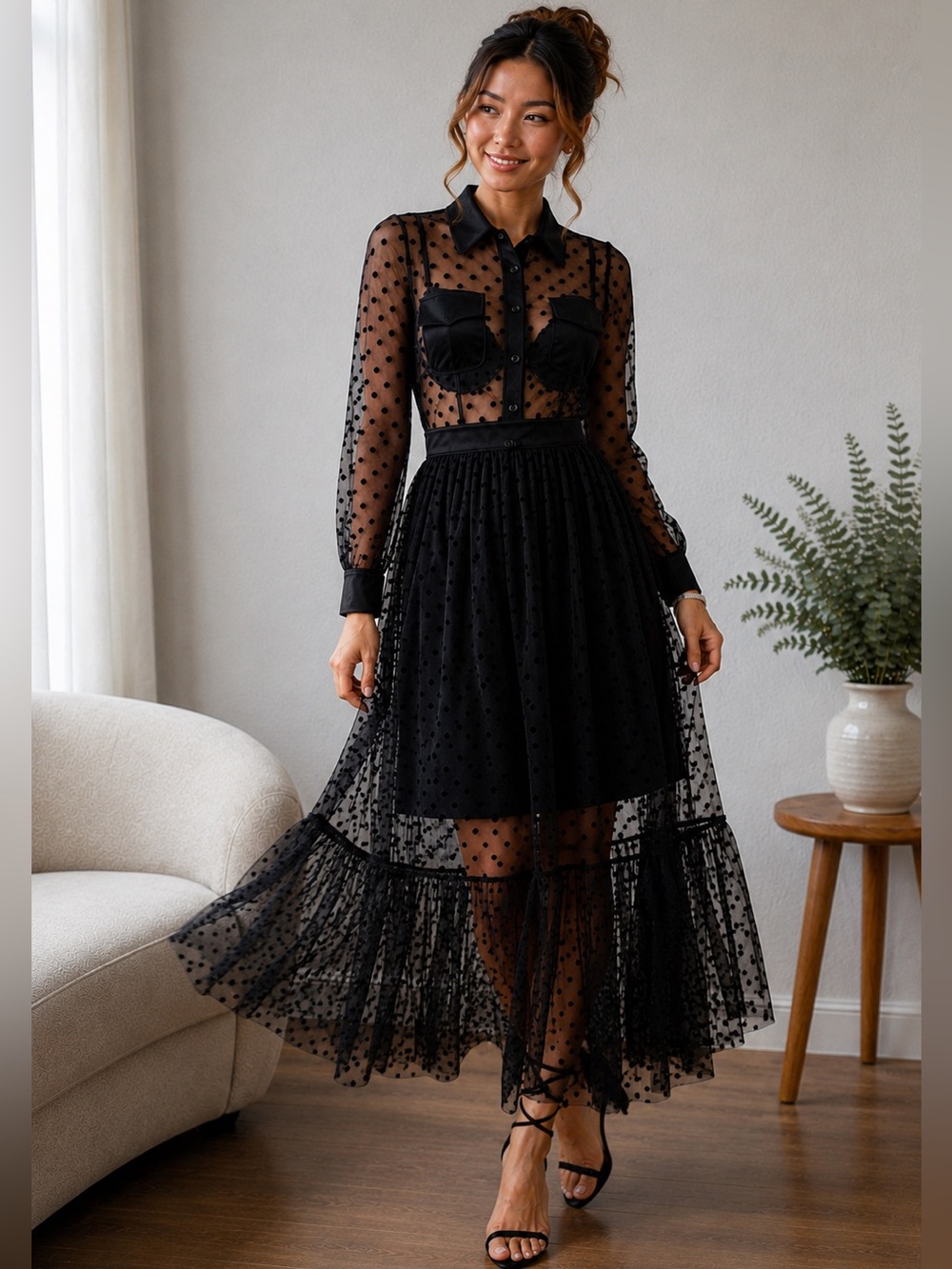 Sheer Black Polka Dot Long Sleeve Midi Dress